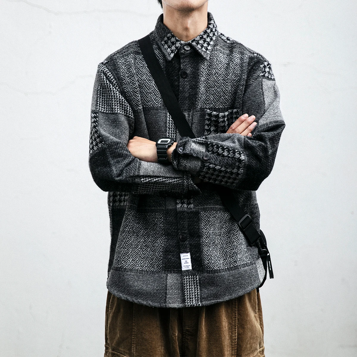 BM Autumn Winter Japanese Streetwear Retro Stitching Plaid Shirt Fashion Harajuku Thick Casual Woolen Coat Men Korean Clothes
