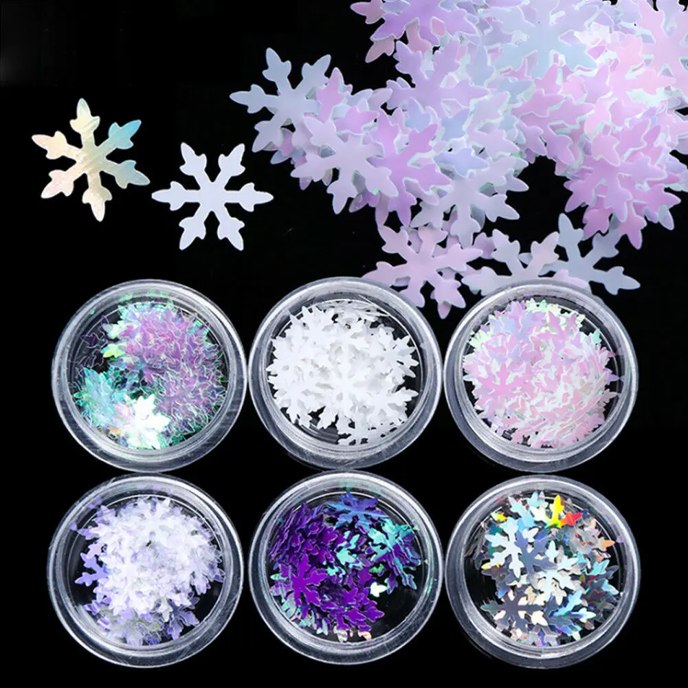 6 Boxes Glitter Colorful Snowflakes Nail Art Decoration 3D Holographic Shiny Sequins DIY Manicure Decal for Women Girls