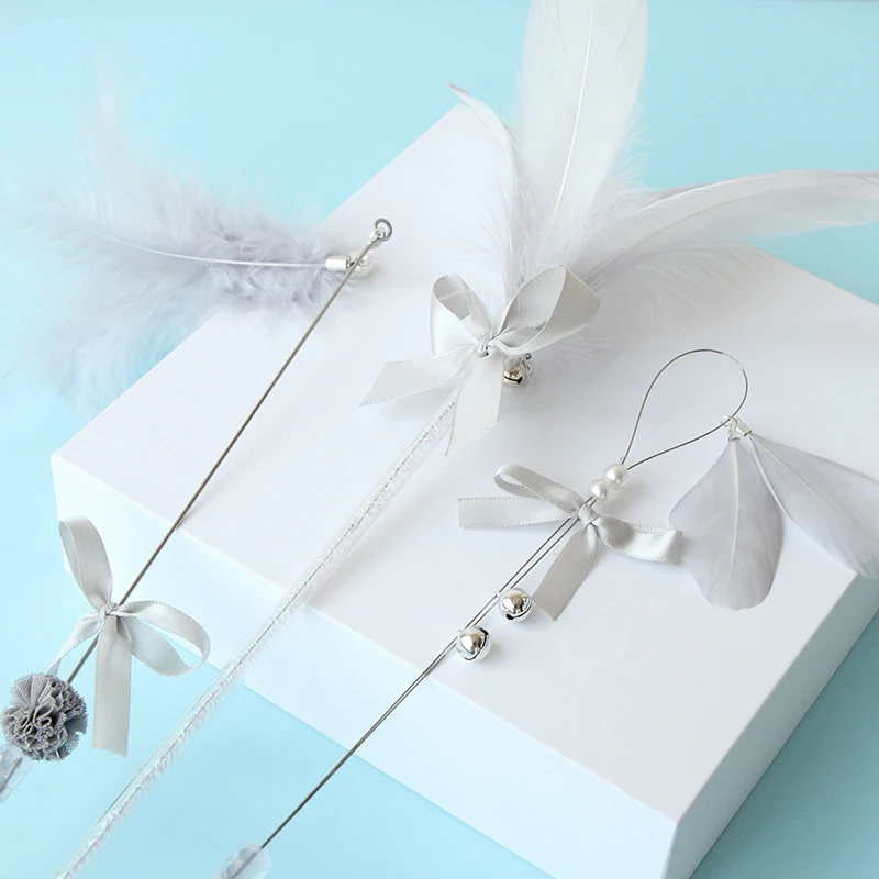3pcs Cat Teaser Toy Faux Feather Bow Flexible Bell Kitten Teaser Wand Pet Training Toy Premium Plastic Pet Supplies 4 Colors