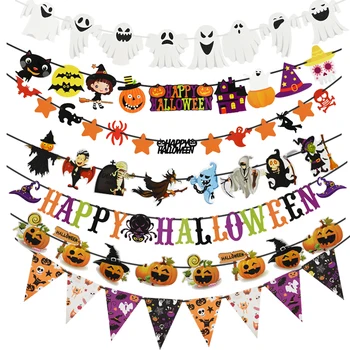 

Happy Halloween Bunting Banners Bat Spider Pumpkin Smiley Paper Garland Halloween Party Home Decor Supplies Wall Hanging Flags
