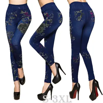 

Women Faux Jeans Leggings Autumn Flowers Printed Slim Cotton Seamless Pants