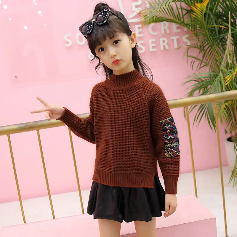 Осенний Детский свитер для девочки Высокое качество трикотажные свитера пэтчворк для девочек-подростков, вязаный Топ бархатный пуловер с высоким воротником для девочек, детская одежда - Цвет: Коричневый