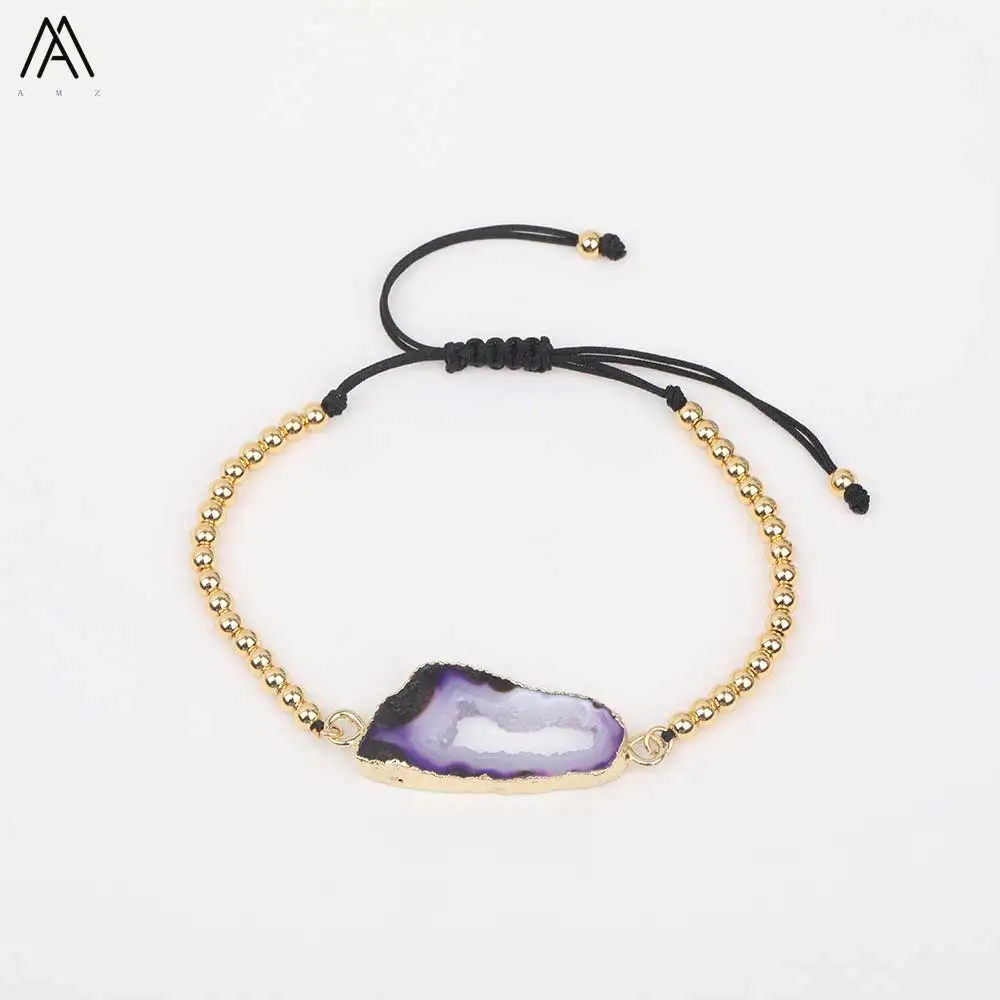 Black Mix Purple Модные женские 4 мм золото медь круглый шарик нерегулярные плиты срез камня, подвеска из друзы Drusy шнур завязанный регулируемый браслет N0052AMAC - Цвет: Black Mix Purple