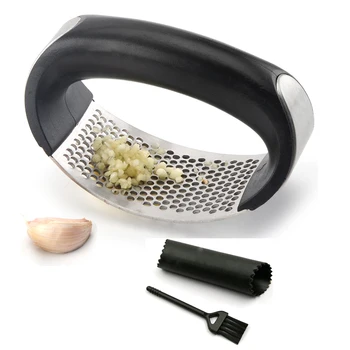 

FDA Food Grade stainless steel press garlic with brush and silicon pin Mash grater ginger juicer garlic press set