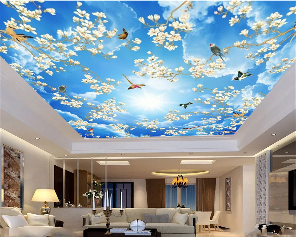 Custom 3d Photo Wallpaper Blue Sky White Cloud Flowers Bird Illustration Home Zenith Mural | Обустройство дома