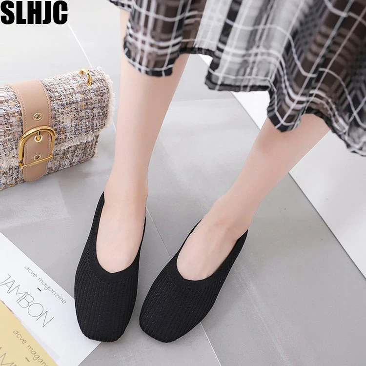 

SLHJC Women Flats Knit Fabric Casual Square Toe Spring Autumn Slip On Shoes Flat Heel BreathableFemale Daily Driving Shoes