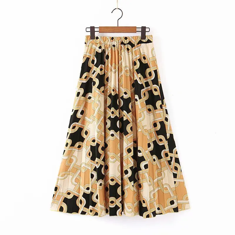 

Europe And America WOMEN'S Dress 2019 New Products Retro Chain Printed Skirt Elastic Waist Mid-length Slimming Base Skirt