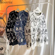  Vintage Printed Sweaters Men Harajuku Round Neck Winter Warm Pullovers Baggy Chic Couple Version Teens Leisure Tops Korean Style 