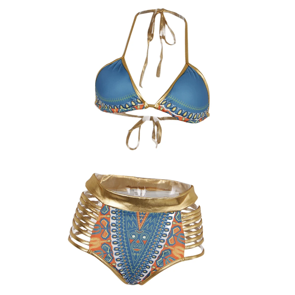 Vintage African Tribal Prints Bikini Swimsuit Bandage Swimwear Blue S Set of sexy swimsuit for women