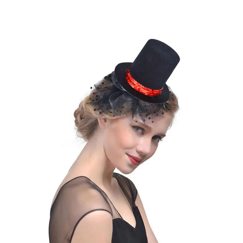 Women Girl Red Sequin Black Mini Top Hat Hair Clip Base DIY Craft Wear