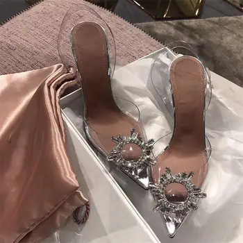 

2019 Hot Flower Women Summer Sandals PVC Transparent Pointed Toe Sweet Ladies Shoes 2019 Women High Heels Sandalias Transparente
