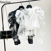 Neploe, осенняя французская Кружевная блуза, перспективный галстук-бабочка, с пышными рукавами, короткая блуза, рубашка+ подтяжки, женские комплекты из двух предметов, 55748
