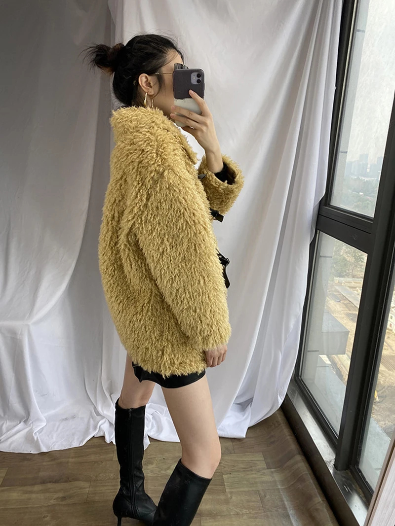 [EAM] Loose Fit Lambswool Split Big Size Thick Woolen Coat Parkas New Long Sleeve Women Fashion Tide Autumn Winter 1M420