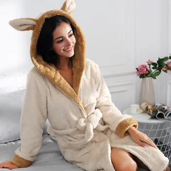 

Cute Robes Satin Robe Sheer Robes Women Winter Coralline Plush Shawl Bathrobe 2019 New Ladies Rabbit Ears Hat Robe Coat Pajamas