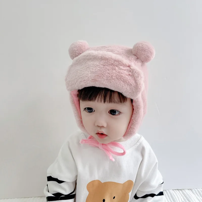 Winter Boy Gril Baby Bomber Hats Cartoon Bear Bonnets Ear-Protection Cap Thickened Windproof Kids Warm Hat Solid Color Caps 1-3Y white camo bomber hat