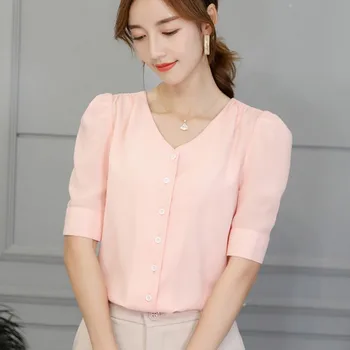 

Summer Women V-Neck Blouses Solid Color Office Lady Shirts Chiffon Top Short Sleeve Temperament Blouse