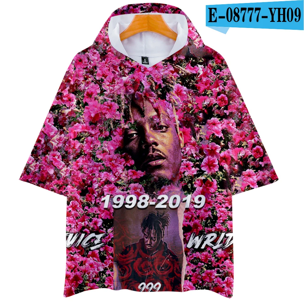 Крутая футболка с капюшоном, Новое поступление, Juice Wrld, женская, мужская, удобная, летняя футболка, топы, короткий рукав, 3D принт, футболки - Цвет: E08777
