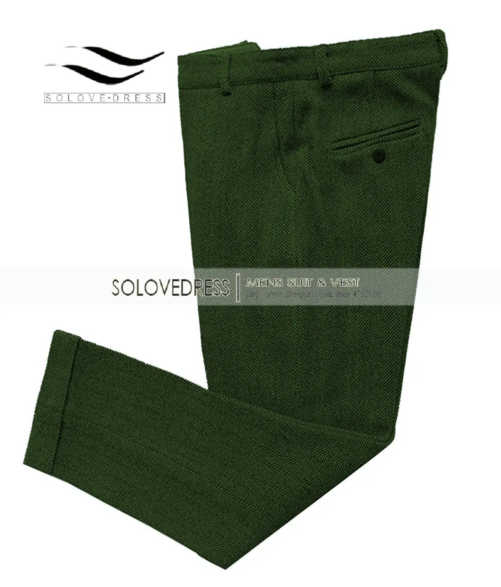 Green Повседневные мужские брюки, облегающие брюки с узором в елочку, шерстяные Твидовые костюмы, брюки со скрытой расширяемой талией для свадебной вечеринки - Цвет: Green