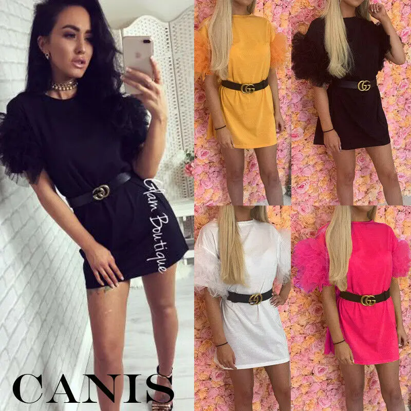 

Hirigin Fashion Women Tulle Frill Mesh Puff Short Sleeve Shirt Mini Dress Tunic Mini Top Sexy Club Summer Party Dress Clotehs