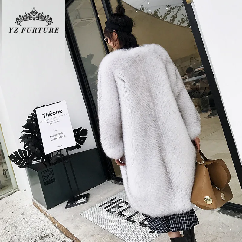 Новая шуба из натурального Лисьего меха, длинное женское пальто с v-образным вырезом, зимняя куртка из натурального меха, настоящая Роскошная куртка из лисьего меха размера плюс, зимняя FC-123