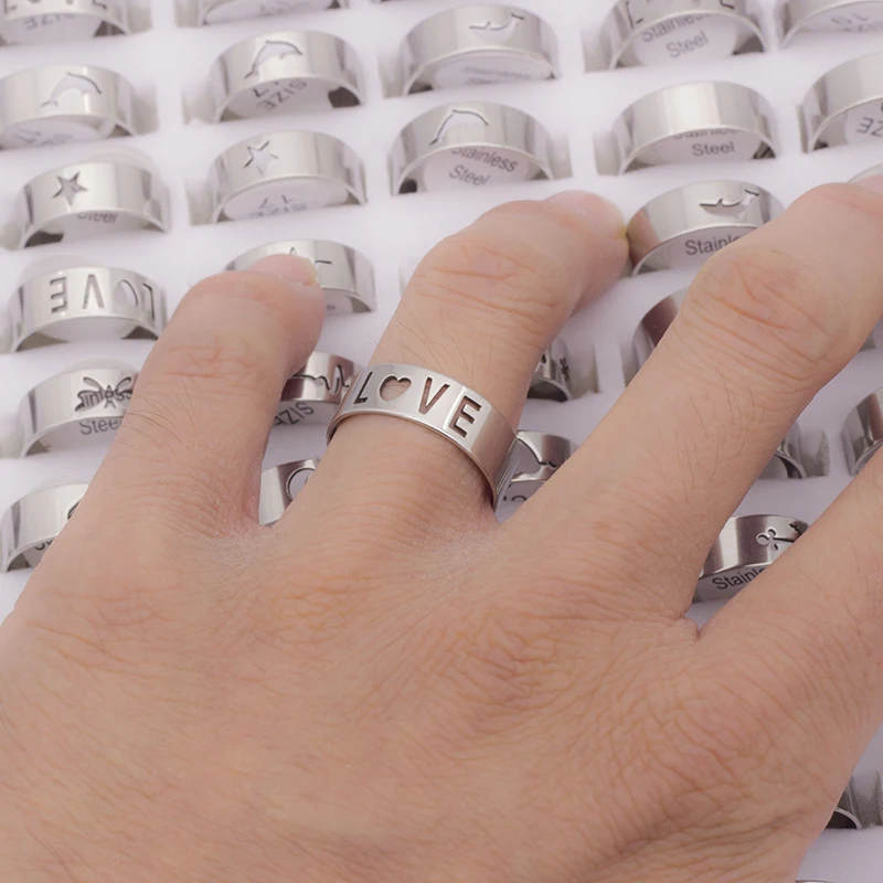 100Pcs/Lot Stainless Steel Star Moon Heart Butterfly Hollow Rings for Women and Men Wholesale Mix Style Silvery Couple Jewelry