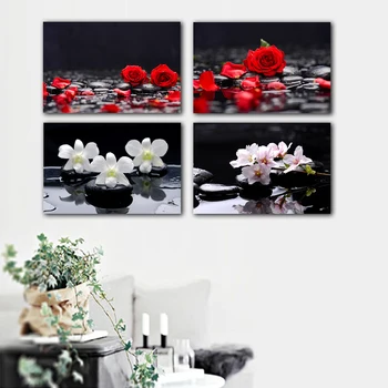 Red Rose and Black Zen Stones Canvas Painting Poster Butterfly Peach Blossom Wall Art Bamboo Print on Canvas Modern Wall Decor