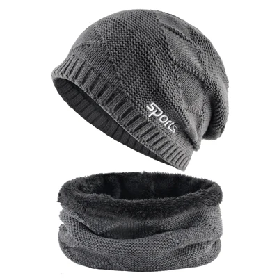 Gray2 Set TQMSMY Толстая зимняя шапка и шарф комплект для Для мужчин теплые трикотажные двойные вязаные шапочки шарф с бархатной прослойкой с спортивные головные уборы наборы капот TMA97 - Цвет: Gray2 Set