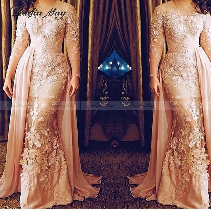 Arabisch Blush Roze Kant Mermaid 3D Bloemen Avondjurk met Afneembare Rok Lange Mouw Overrok Dubai Prom Dresses Party Gown Arabisch Blush Roze Kant Mermaid 3D Bloemen Avondjurk met Afneembare Rok Lange Mouw Overrok Dubai Prom Dresses Party Gown