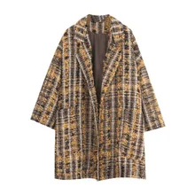 Возможно U женская верхняя одежда пальто Нотч воротник карман твид желтый длинный рукав пальто зима C0220