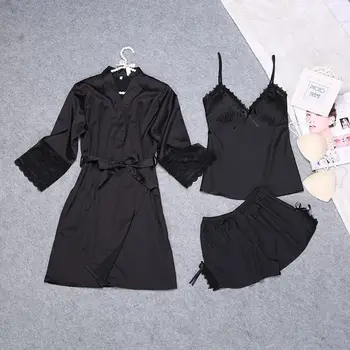 

Summer Women Black Solid Lace Nightwear Loose Bathrobe Gown Female Home Clothes Intimate Lingerie Sleep Set Robes Nightgown