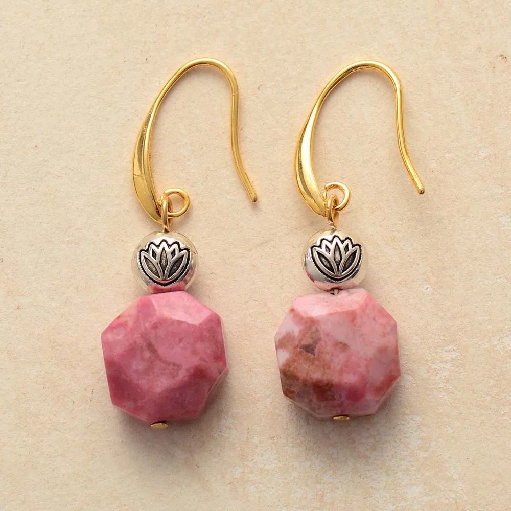 Gorgeous Women Drop Earrings Jewelry Rhodonite Lotus Dangle Earring Natural Stones Jewelry Bijoux Wholesale Dropshipping