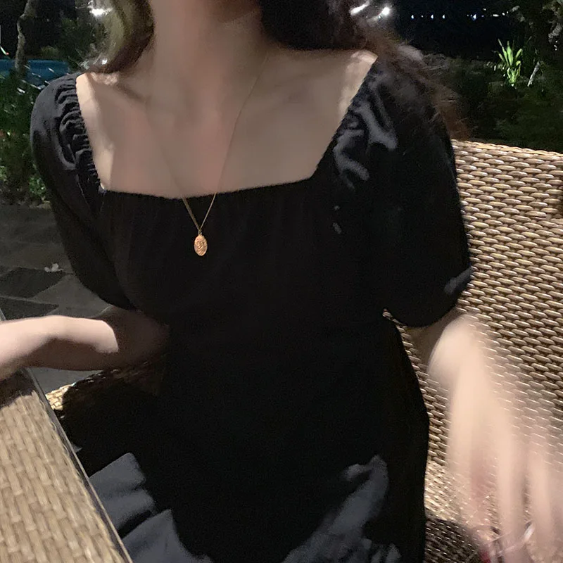 2020 Summer Elegant Slim Waist Female Dress Korean Women Dresses Sexy Square Collar Puff Sleeve Ladies Midi Dress Vestidos