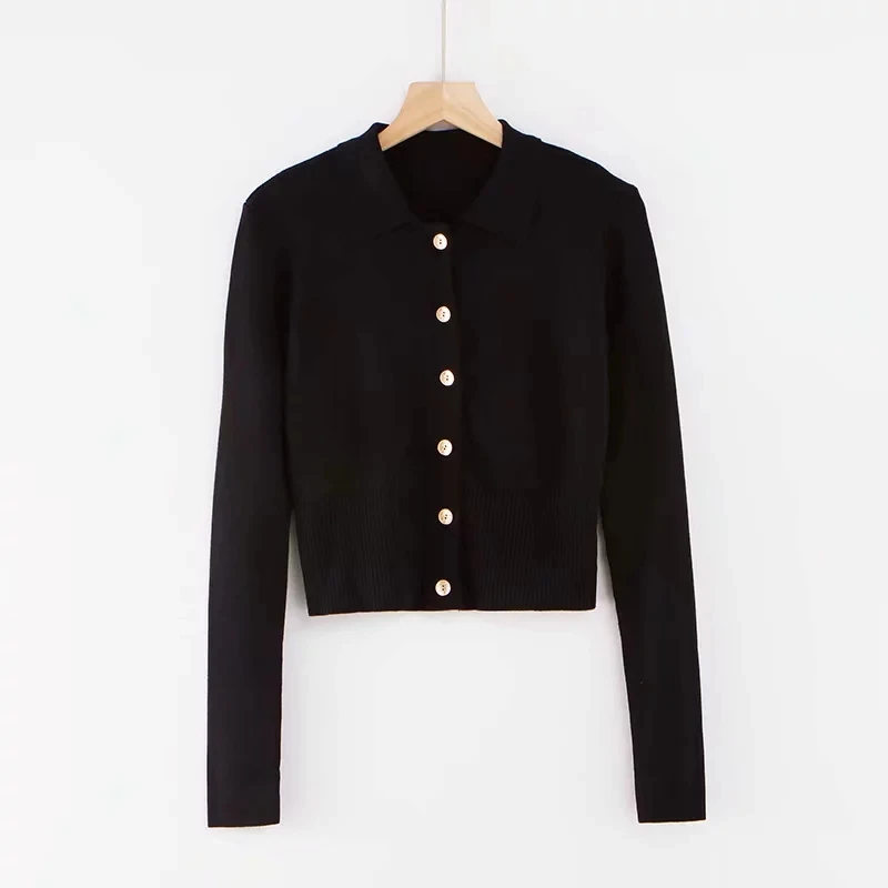 Women Spread Collar Buttons Knit Cardigan with Width Rib Waist Sweater Crop Knit Top - Цвет: black
