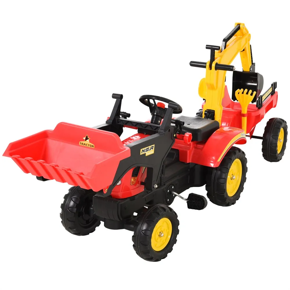 HOMCOM Tractor a Pedales con Remolque Excavador con Pala Frontal Juguete de Conducción Mayores de 3 Años 179x42x59 cm Rojo