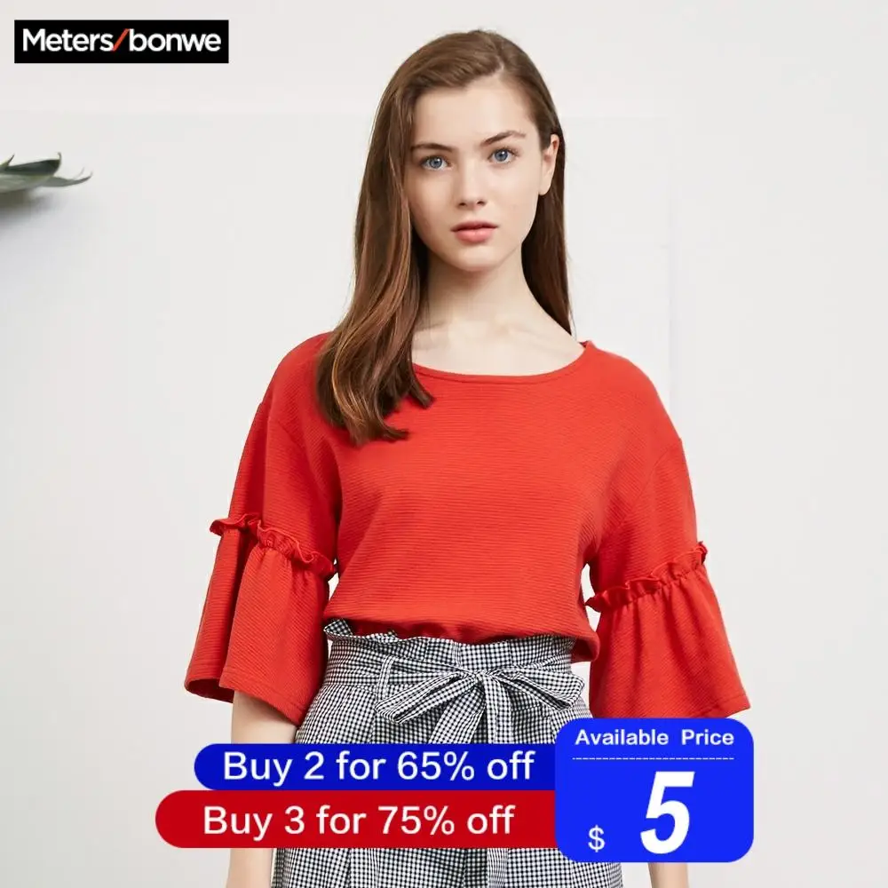 Metersbonwe, хлопковая Футболка для девочек, для женщин,, летняя Новинка, с рукавом-бабочкой, свободная футболка, корейский стиль, для офиса, для девушек, летние топы