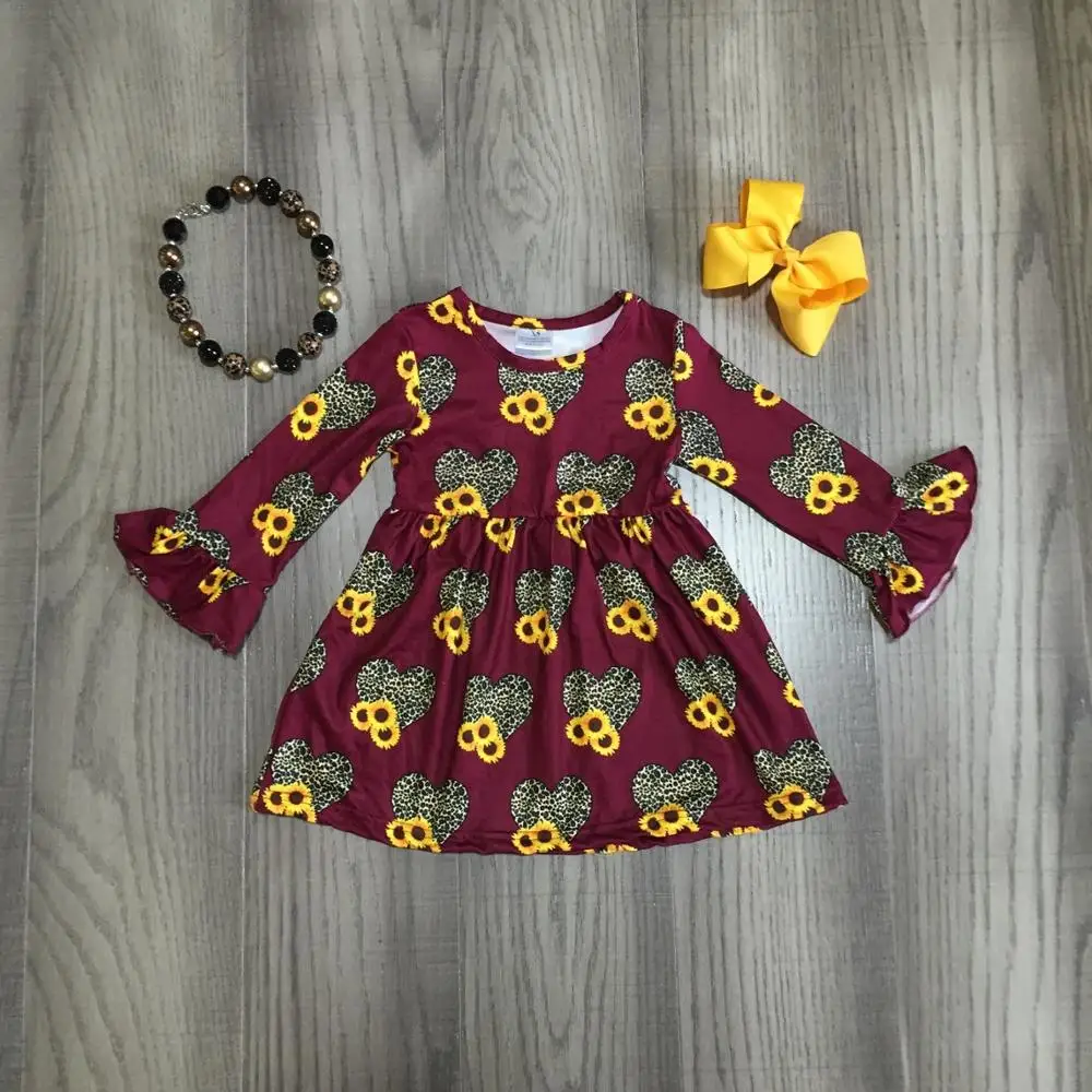 

Valentine's day dress baby girls clothes sunflower leopard heart shape milk silk clothes boutique knee length match accessories