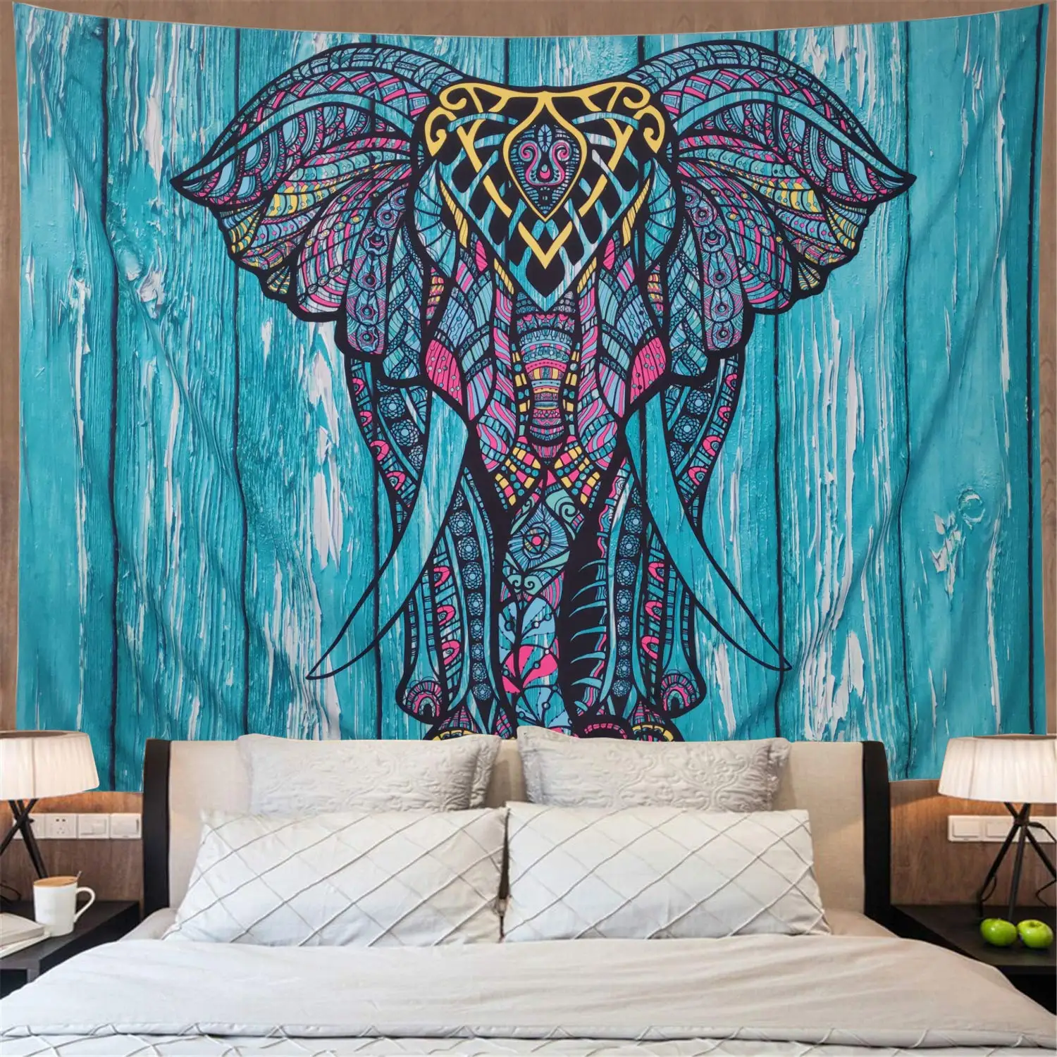 

Elephant Tapestry Vintage Blue Old Wooden Plank Wall Hanging Bohemian Mandala Psychedelic Wall Decor