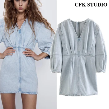 

2020 Za Women Denim Minidress with V-neck Zipper In Back Solid Casual Loose High Street Fashion Dress Femme Summer Blue Dress