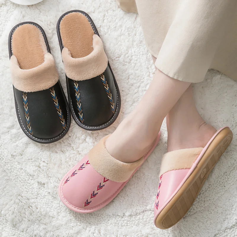 

Cowhide Leather Couple's Cotton Slipper Winter Warm Indoor Bottom Thick Slippers anti-slip Household Shoes