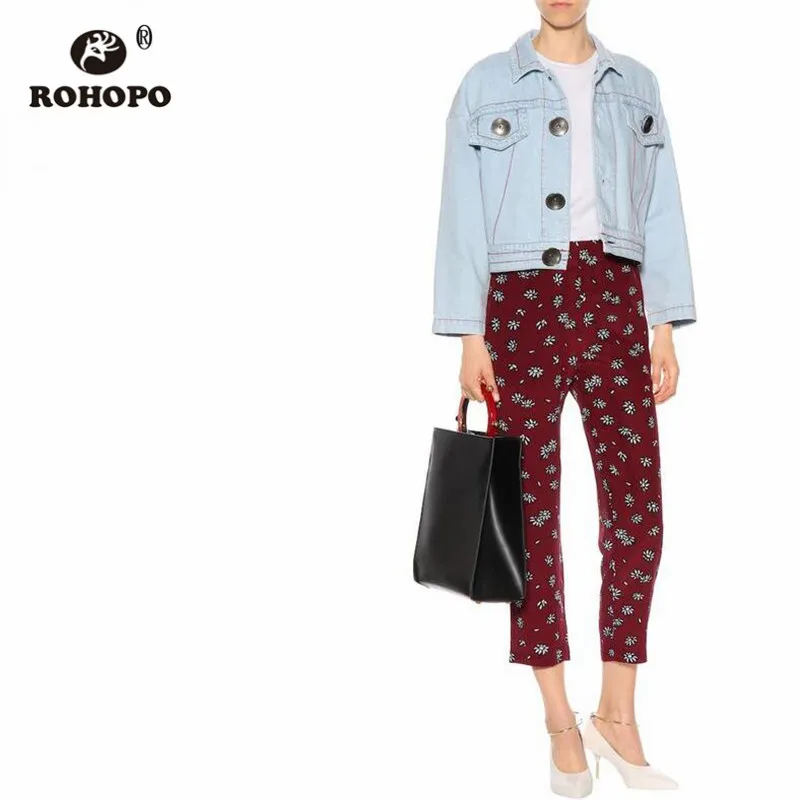 

ROHOPO Vintage Sky Blue Straight Short Denim Jacket Big Metal Buttons Autumn Koean Vogue Cotton Jeans Outwear #728
