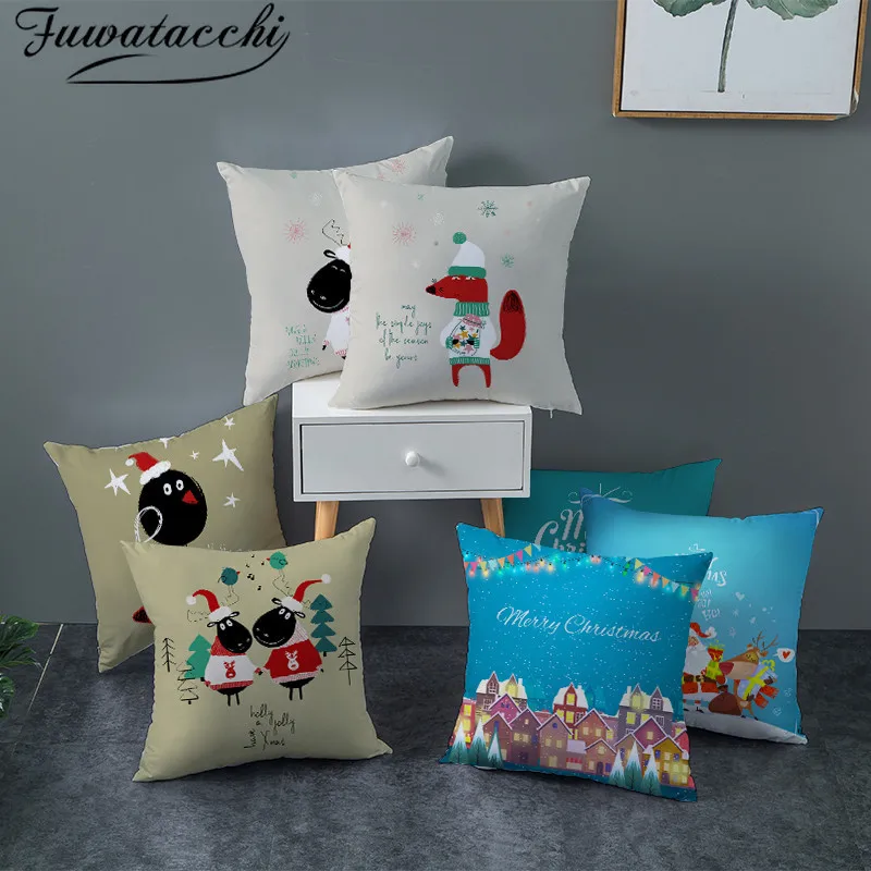 

Fuwatacchi Christmas Cushion Cover Printed Gift Decorative Pillow Covers for Home Sofa Polyester Throw Pillowcases 45*45cm