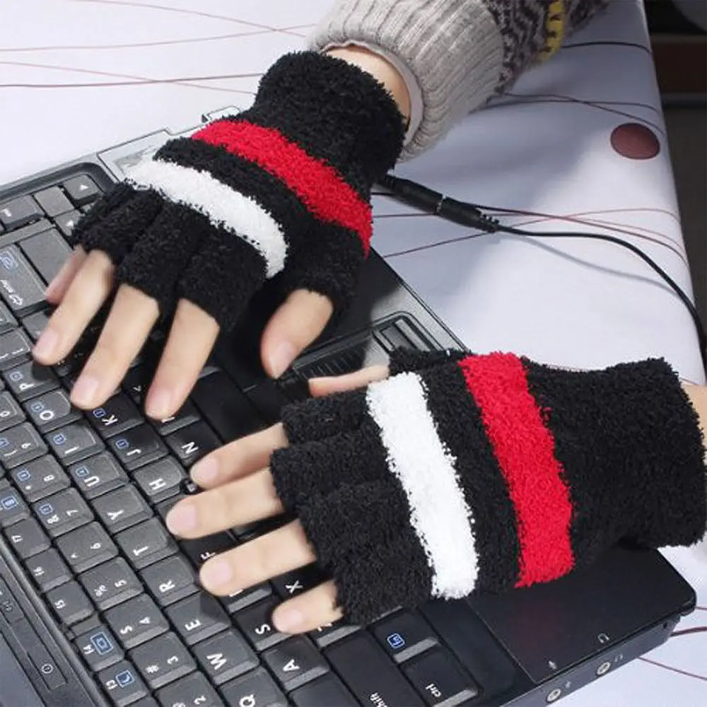 1 пара электрические USB электрические перчатки с подогревом Женские варежки теплые плюшевые полосатые перчатки Зимние флисовые перчатки без пальцев