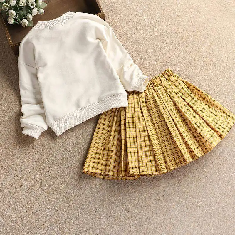 Качественная одежда Комплекты коротких юбок для девочек клетчатая юбка комплект одежды из 2 предметов с круглым вырезом и вышитыми фруктами костюм с длинными рукавами