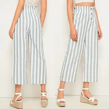

Button Trousers Office Women Korean Elastic Wide Leg Striped Pants High Waist Casual Summer Thin Pants Loose Femme Trousers