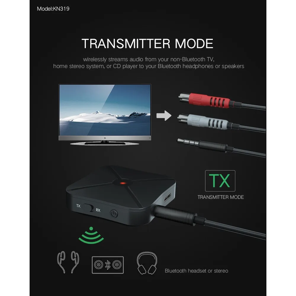 Bluetooth 4.2 Audio Transmitter Receiver 3.5mm RCA TV PC Audio Emitter Adapter BT Speaker Headset Car Stereo Music Receiver