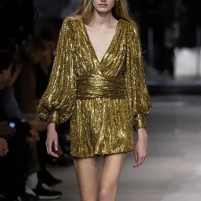 Brand Runway Winter Sexy Gold Bright Silk Women Club Dress 2019 New V-neck Long Sleeve High Waist Lace Mini Dresses Luxury Party |