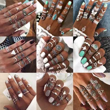 33 Kinds of Joint Ring Retro National Style Exaggerated Rhinestone Plane Star Packaged Combination Ring for Female Wholesale
