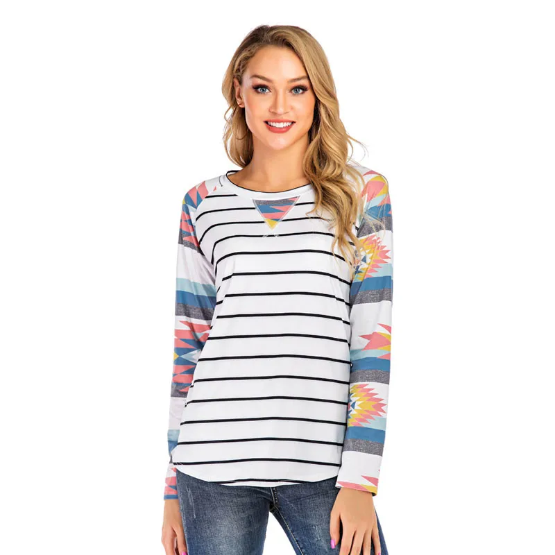 

YELITE Women Color Block Long Sleeve Casual T-Shirts 2019 Autumn Winter Round Neck Patchwork Slim Fit Tops Tee Cotton T-Shirt
