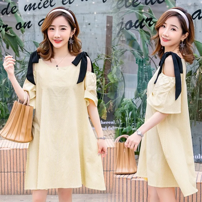 

Mid-length Dress Summer Korean-style Vertical Striped Bow Camisole off-Shoulder A- line Solid Color Pregnant Women Dress