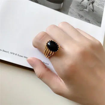 

POFUNUO Real 925 Sterling Silver French Style Women Punk Black Agate Niche Rings Female 18K Gold Plated Black Onyx Cool Rings